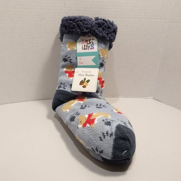 Muk Luks Blue Cabin Slippers Anti Skid Socks Corgi Dogs Shea Butter Size S/M - Picture 1 of 6